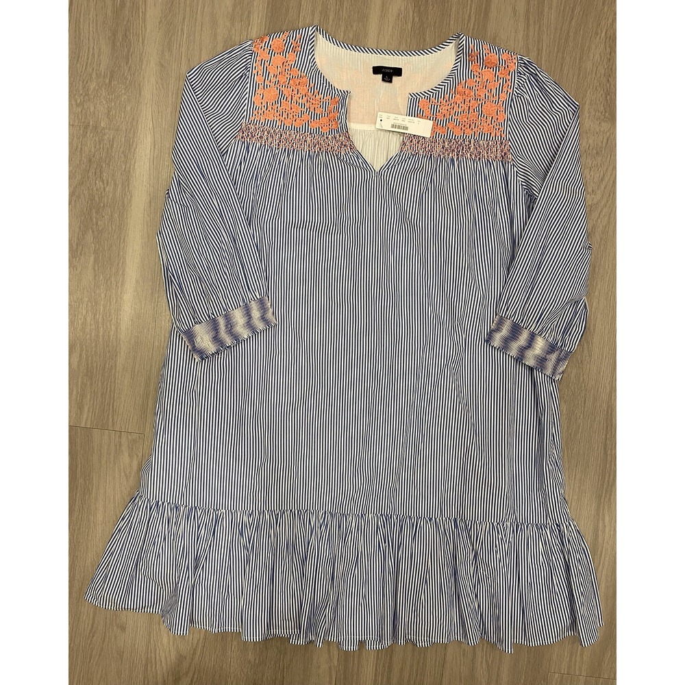 J.Crew Leda Embroidered Blue White Stripe Popover A-Line Dress Size L New NWT - Picture 3 of 9